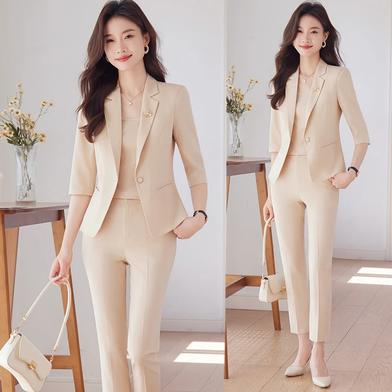 杏色小西装外套女夏季薄款短款小个子气质职业七分袖时尚西服套装