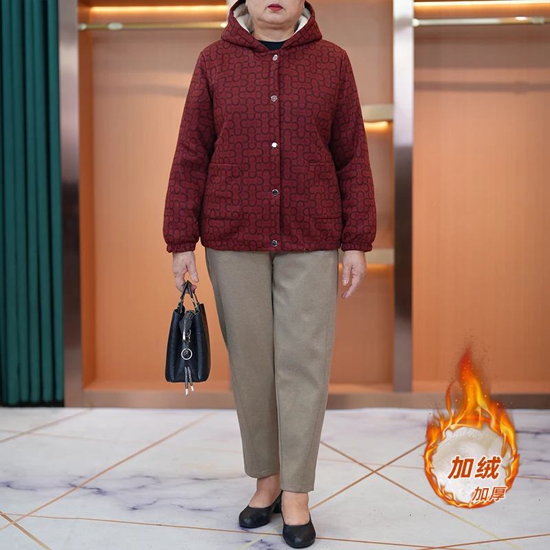 大码妈妈装加绒加厚款花色外套2024冬新款中老年休闲洋气长袖上衣