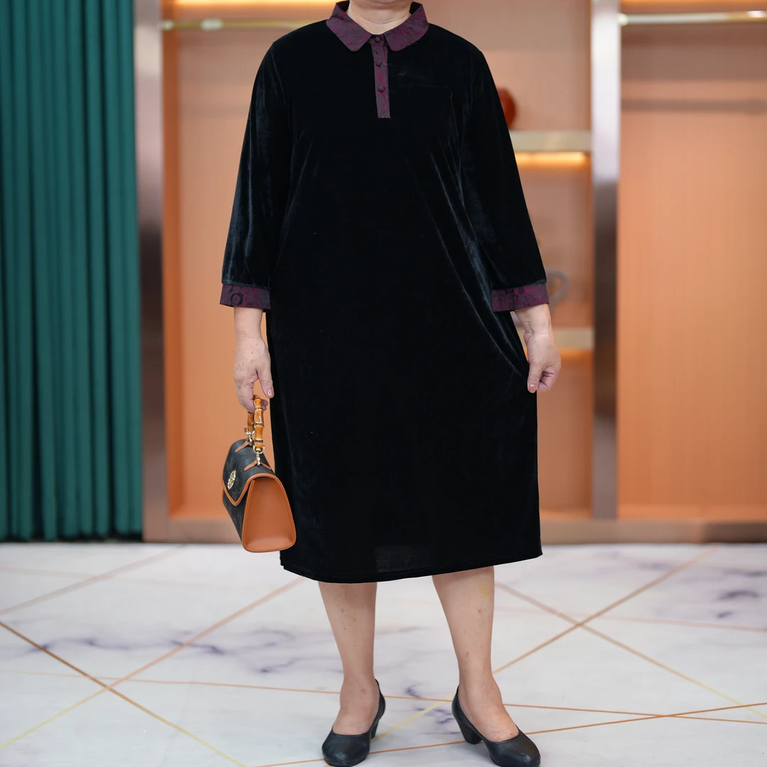 妈妈装大码花色拼接金丝绒连衣裙2024秋新款中老年宽松中长款裙子