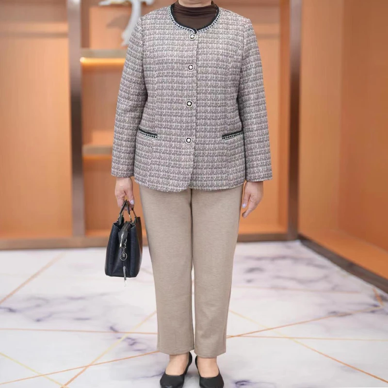 妈妈装小香风短款外套女圆领2025春秋新款中老年休闲洋气上衣宽松