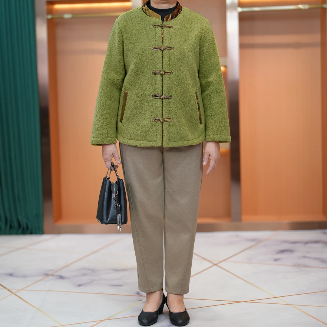 大码妈妈装颗粒绒加厚外套女2024秋冬新款中老年国风立领长袖上衣