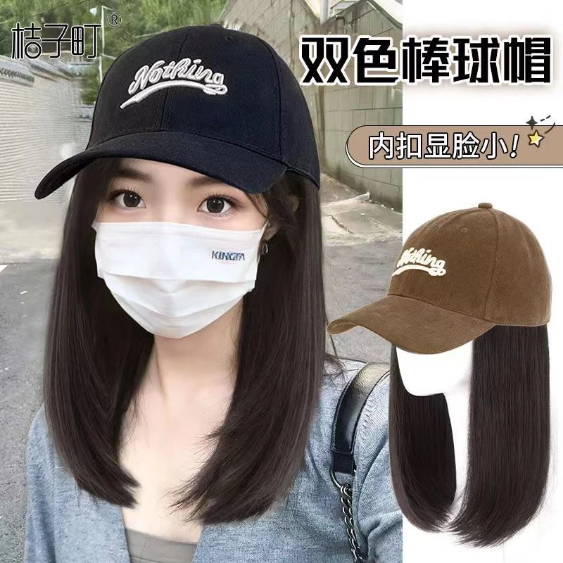 新款网红款鸭舌帽假发帽子一体女夏季时尚百搭仿真人发内扣直发