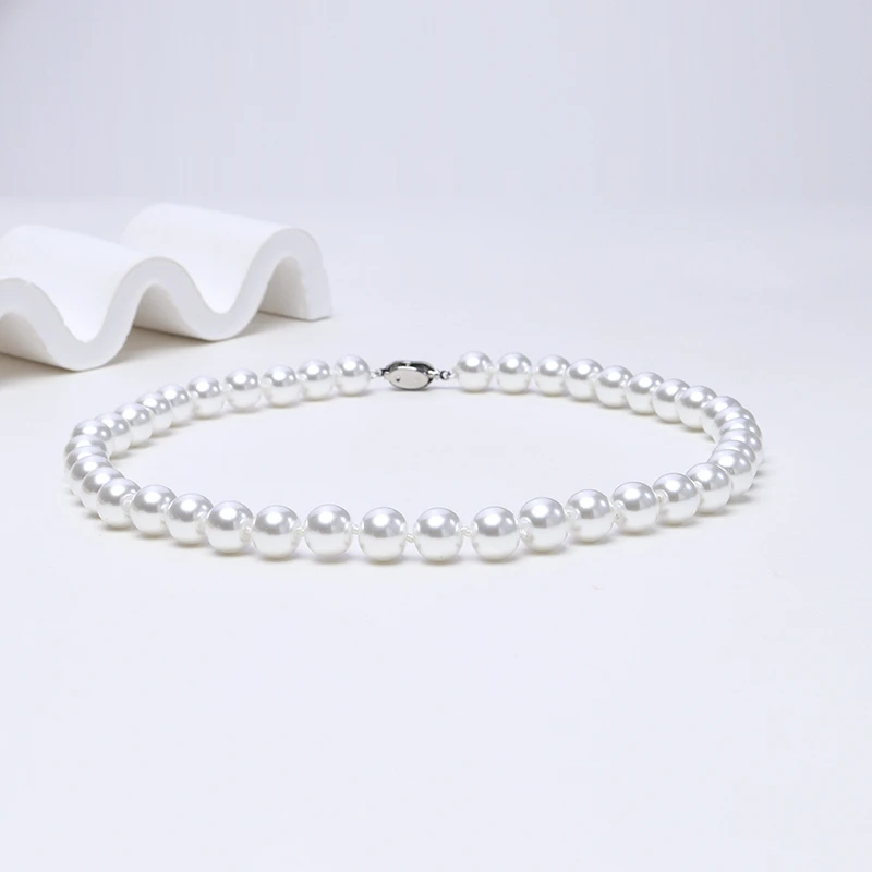 吊坠925银 10mm极光正圆白珠项链有打结