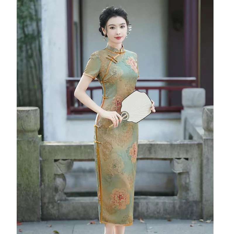 【锦婳】绿色开叉重工旗袍优雅气质时尚夏季复古中国风旗袍日常裙