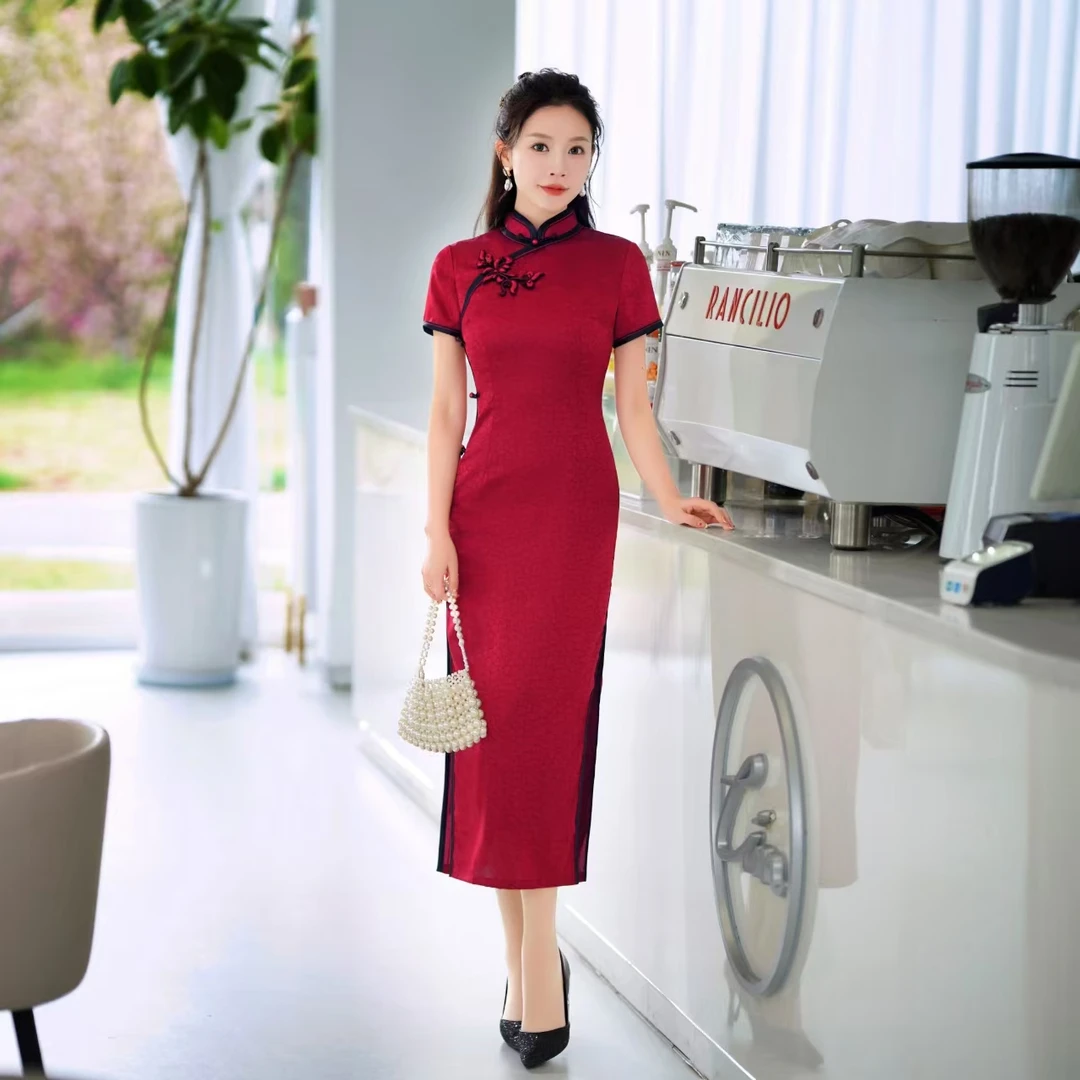 夏季日常显瘦气质红色长款修身旗袍裙