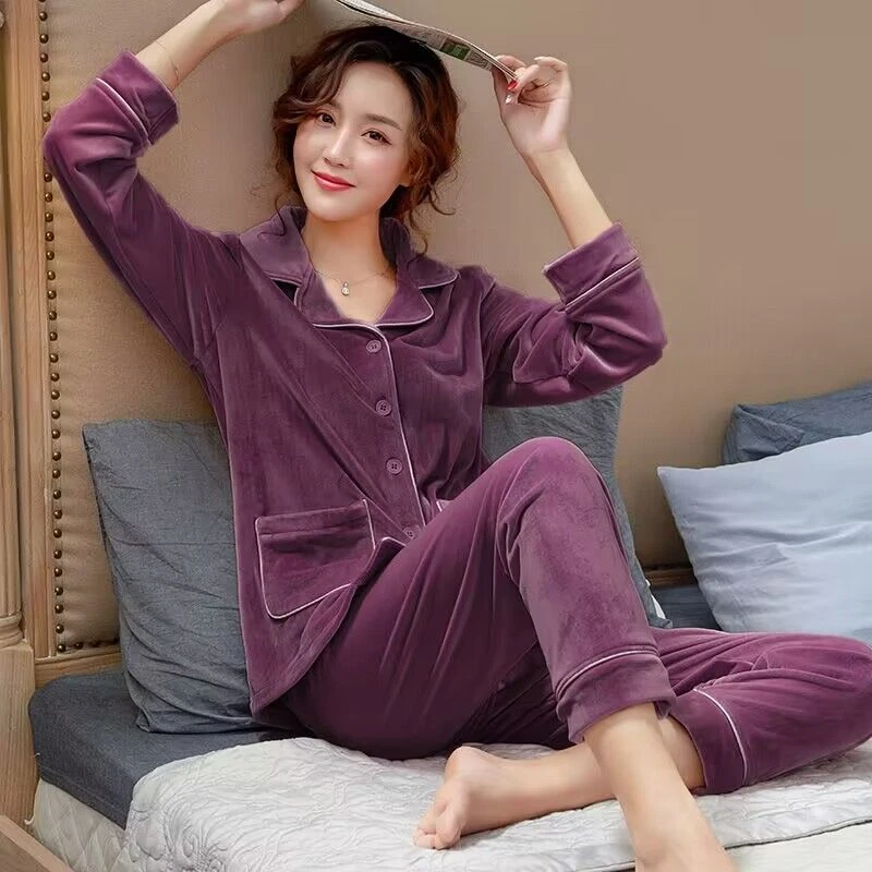 海岛绒睡衣女春秋季珊瑚绒薄款套装秋冬款法兰绒海岛绒大码家居服