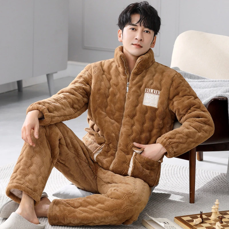 睡衣男士冬季珊瑚绒三层加厚加绒夹棉袄冬款保暖法兰绒冬天家居服