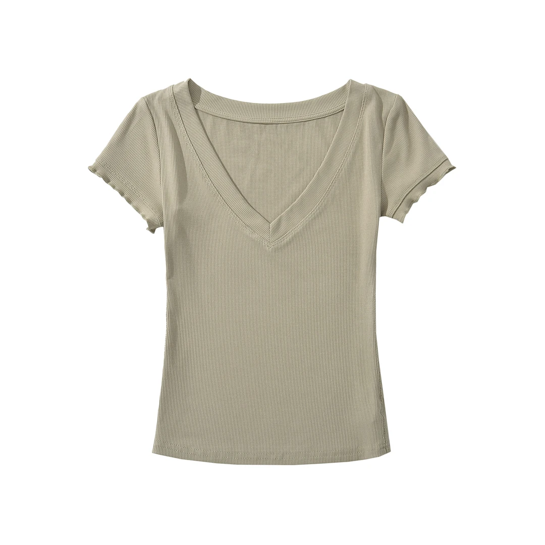 大V领密拷袖口荷叶边短袖T恤夏季休闲波浪边设计感短袖时尚女上衣