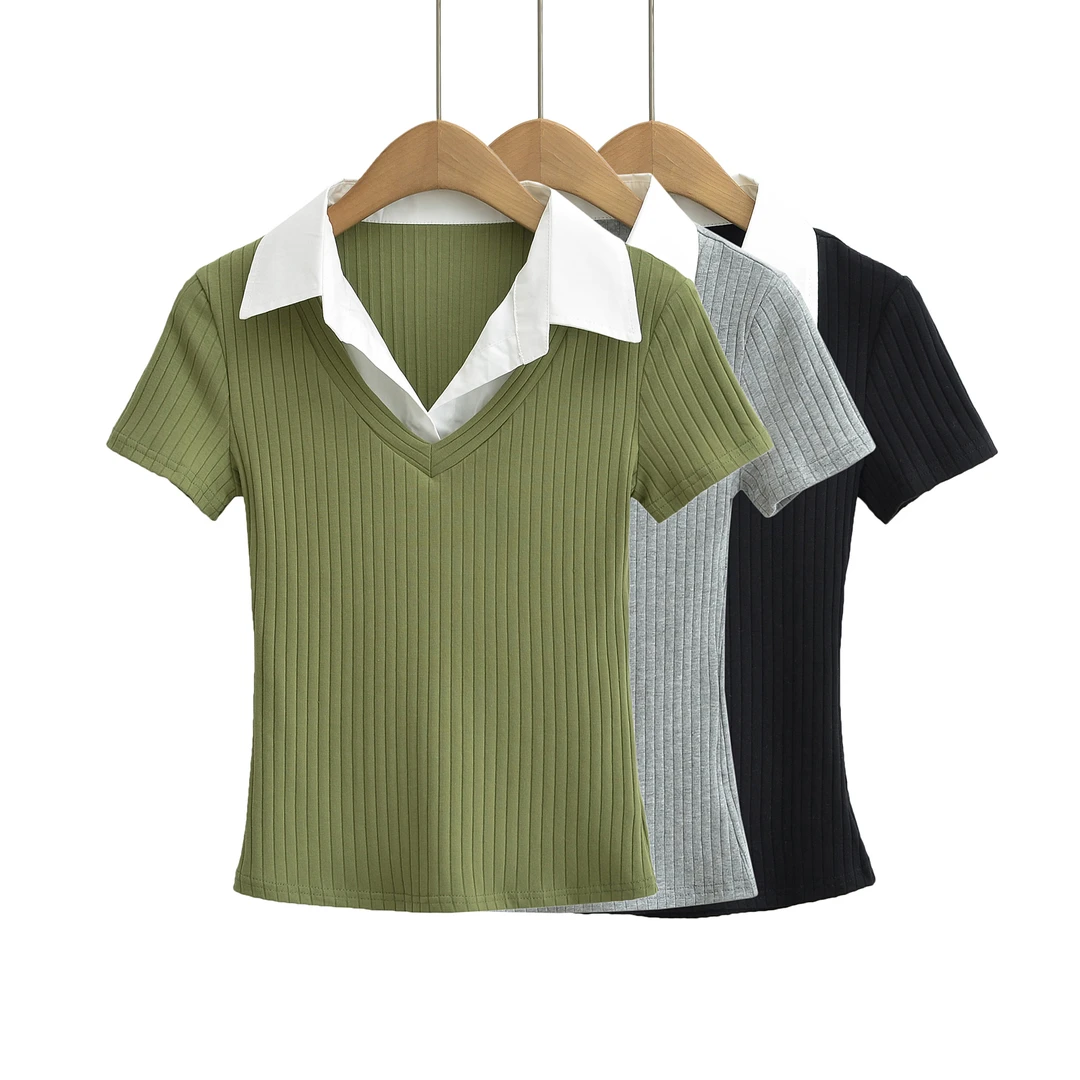 POLO领拼接假两件短袖T恤夏季显瘦设计感时尚小众洋气撞色短袖T恤