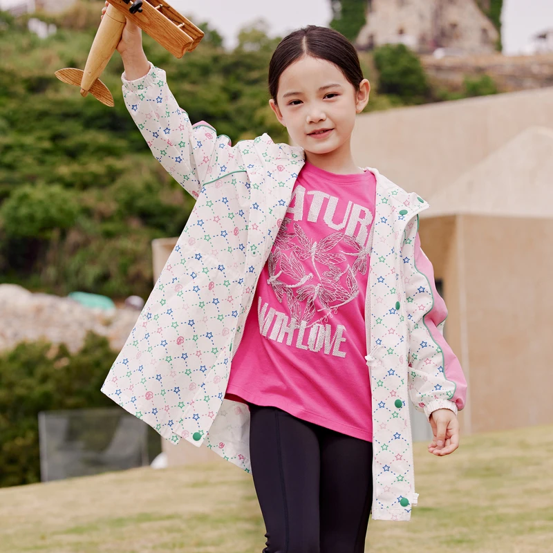 [商场同款]EP雅莹童装秋老花logo星星图案撞色连帽中长宽外套