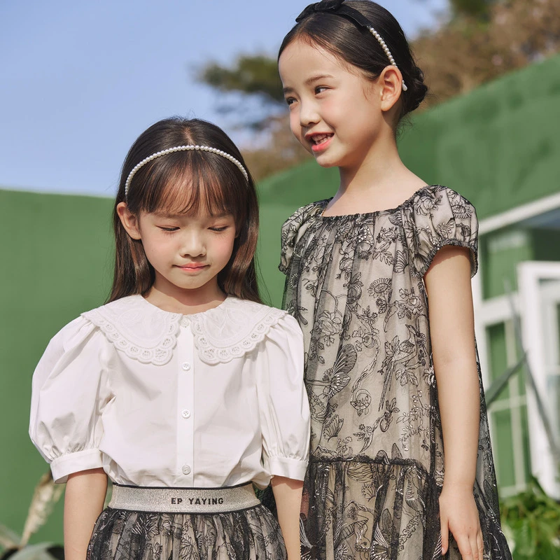[商场同款]EP雅莹童装春夏小天使图案网纱拼接泡泡袖连衣裙