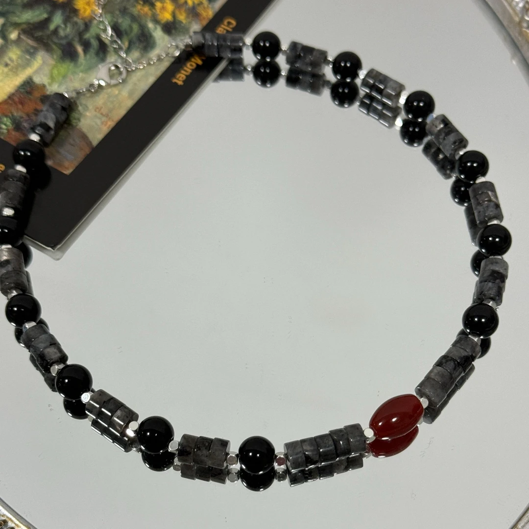 钛钢石英石项链 黑红也是红 choker锁骨链原创设计 黑闪光超酷