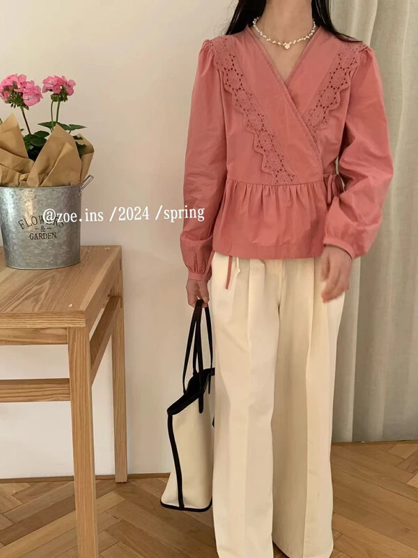 2024春季新款蕾丝边甜美风衬衫上衣