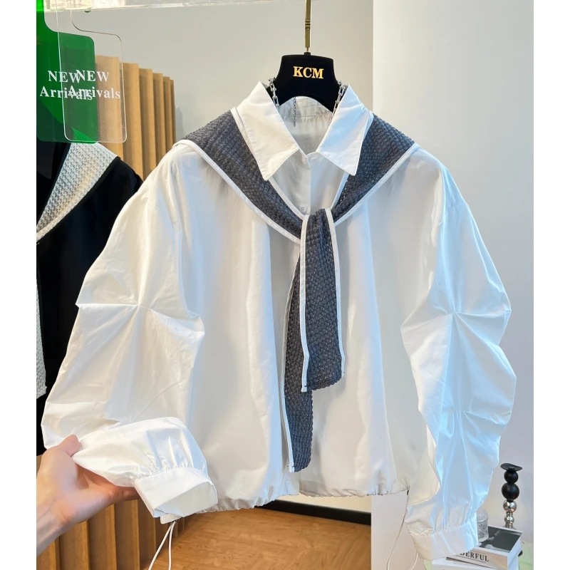 2024秋季新款欧货高级感白色衬衫女宽松别致独特披肩两件套上衣