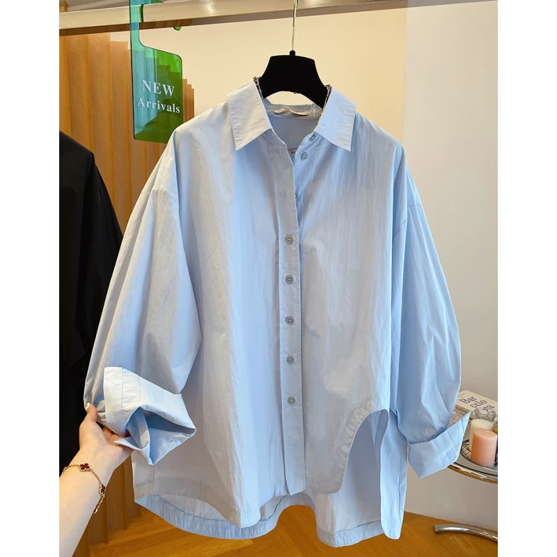 韩国东大门蓝色衬衫女长袖新款宽松不规则设计感松弛感外搭上衣秋