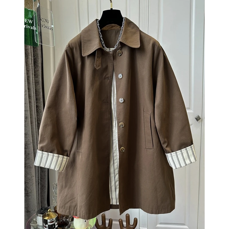 欧洲站翻领条纹咖啡色中长款风衣女外套宽松休闲时尚2024春秋新款