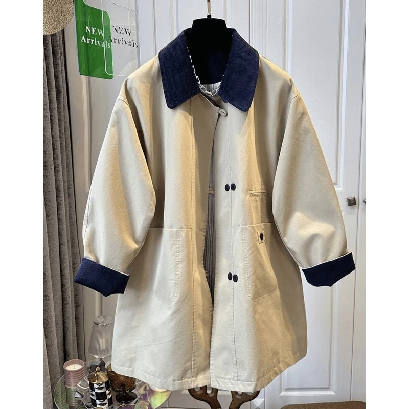英伦风加棉加厚撞色翻领中长款风衣女宽松气质2024秋冬新款外套