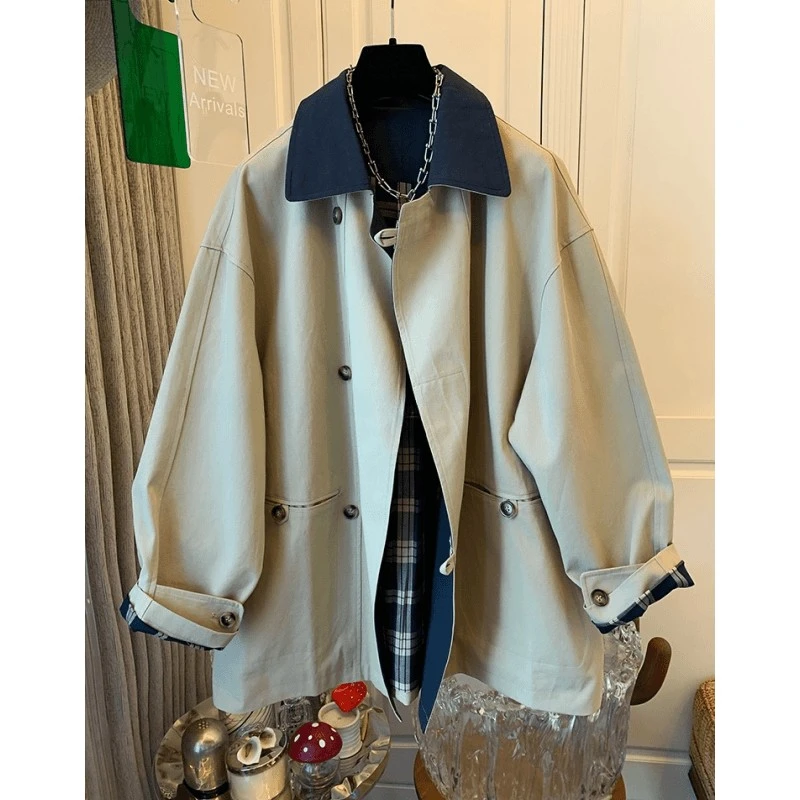 领口撞色中长款风衣洋气新款女2024秋冬英伦风宽松休闲小个子外套