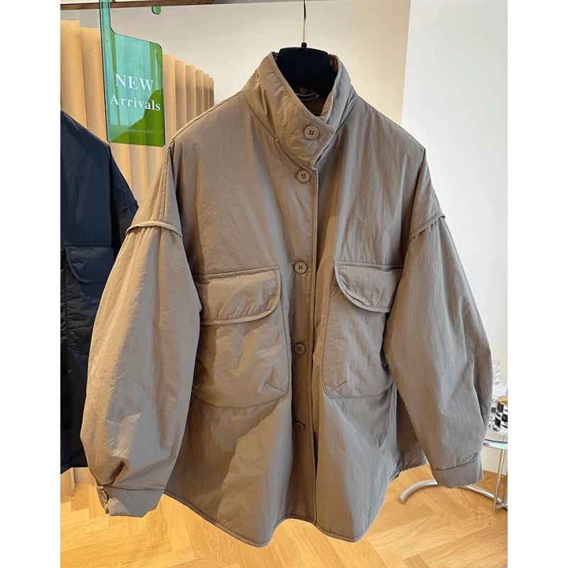 韩版时尚宽松工装大口袋简约立领中长棉外套女欧洲站秋冬休闲上衣