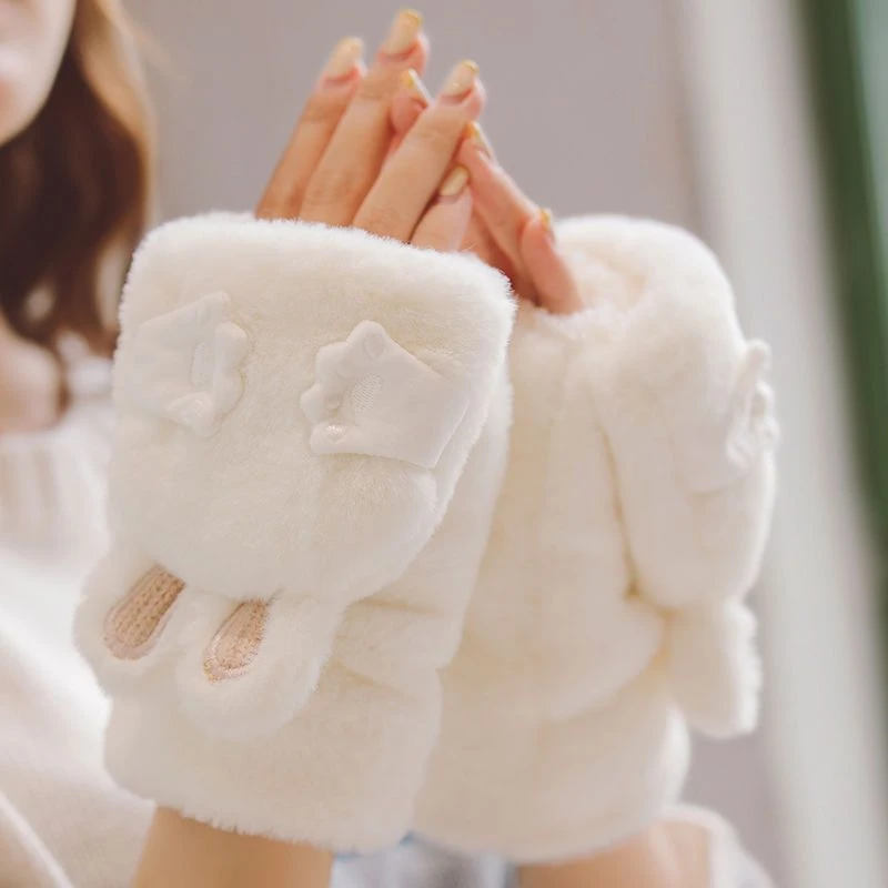 ins新款手套女冬季保暖翻盖加绒加厚毛绒日系可爱卡通秋冬天骑车
