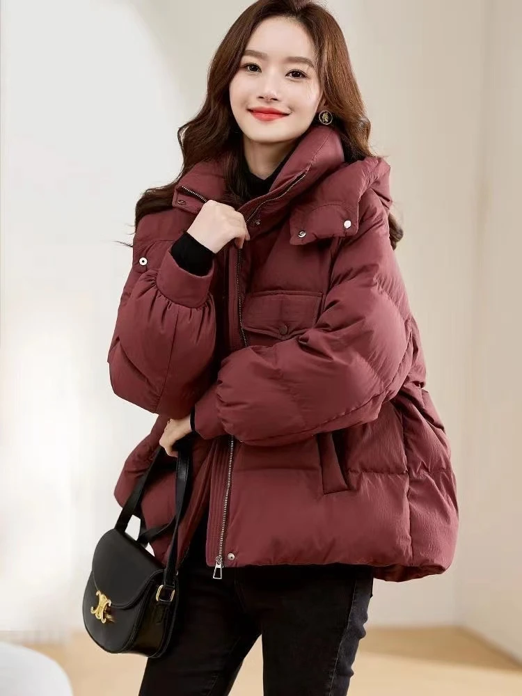 红色短款连帽棉服外套女冬季2023新款小个子立领爆款显瘦加厚外套