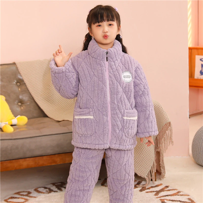 女童睡衣儿童冬季加厚款珊瑚绒夹棉男孩立领拉链法兰绒童装家居服