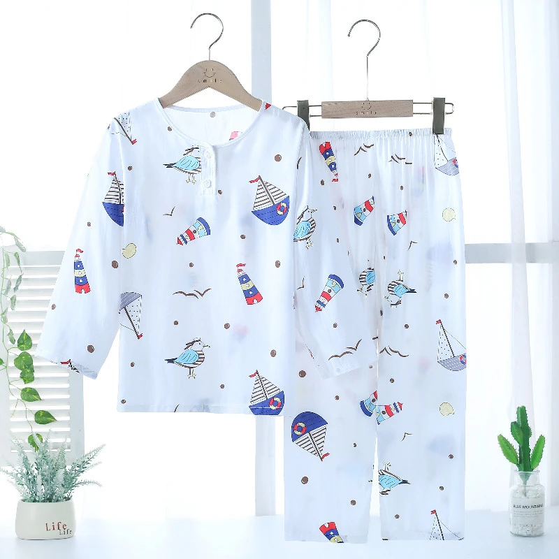 【儿童棉绸睡衣】夏季男童女童长袖长裤家居服套装薄款居家空调服