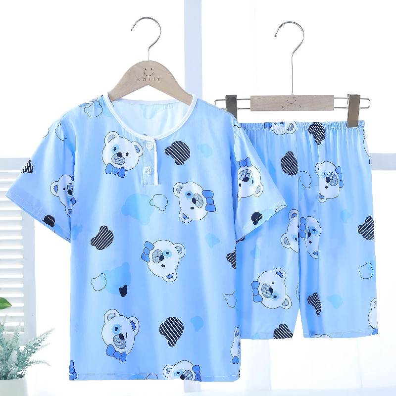 夏天儿童短袖短裤绵绸睡衣男童女童小孩宝宝空调服棉绸人造棉套装