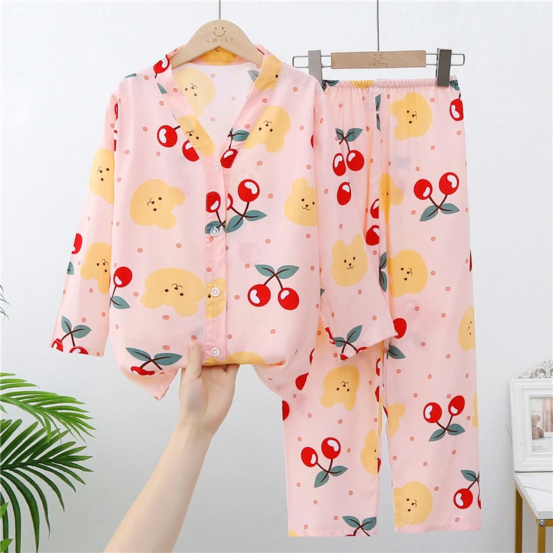 夏季儿童绵绸睡衣薄款小孩长袖空调服男童女孩家居服棉绸开衫套装
