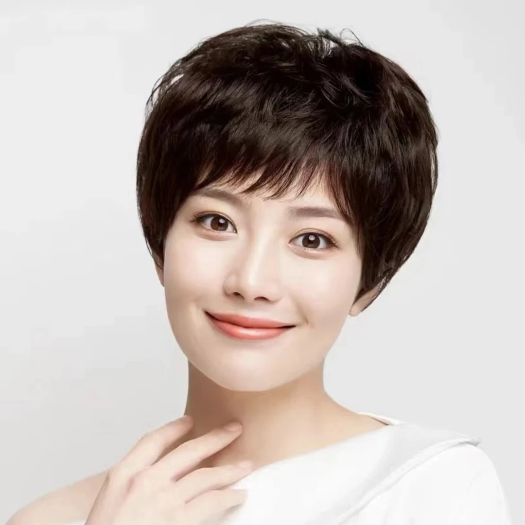 假发女短发真人发新款时尚全头套中老年女士假发套妈妈款自然头套