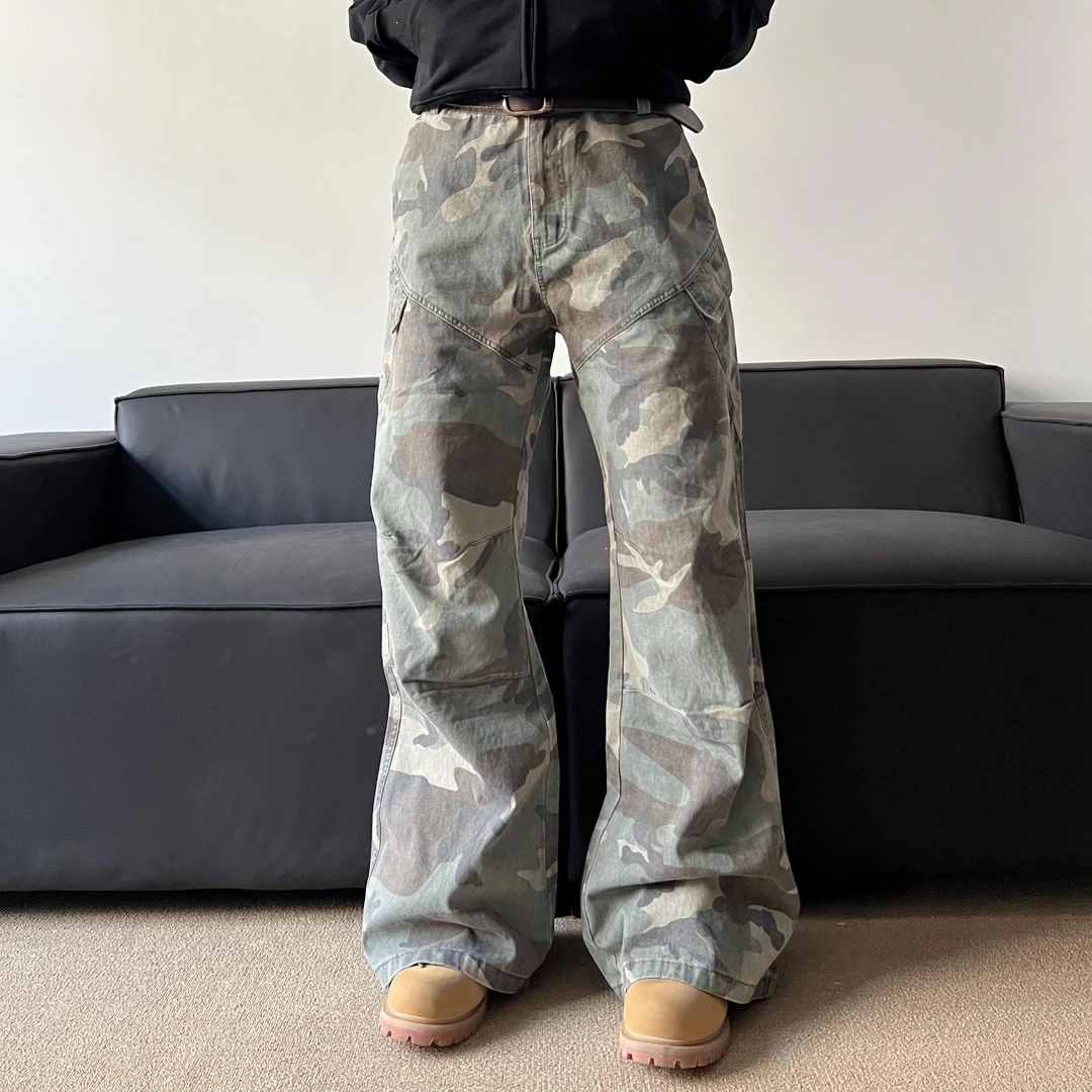 大栗DLTX美式迷彩工装长裤修身直筒hiphop裤子男高街vibe微喇叭裤