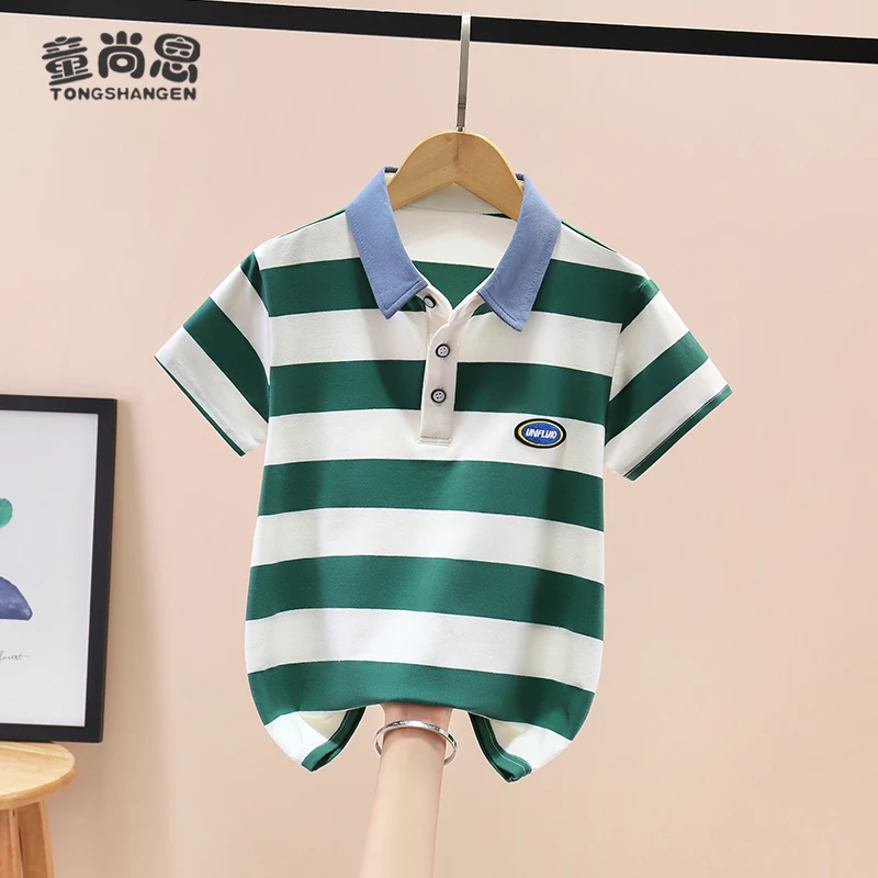 男童短袖T恤夏季儿童洋气条纹半袖中大童帅气翻领衣服男孩POLO衫