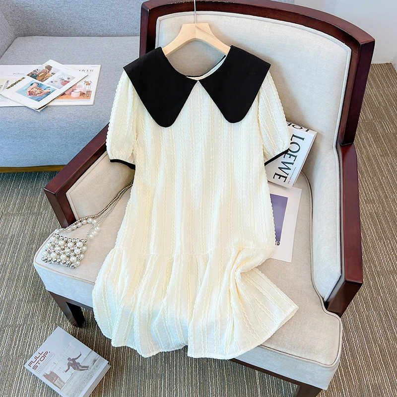 夏季新款大码女装宽松连衣裙胖mm法式娃娃领显瘦中长款短袖裙子