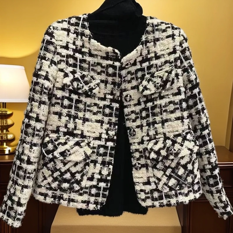 小香风加厚外套女欧洲站2024秋冬新款保暖粗花呢格子显瘦气质上衣
