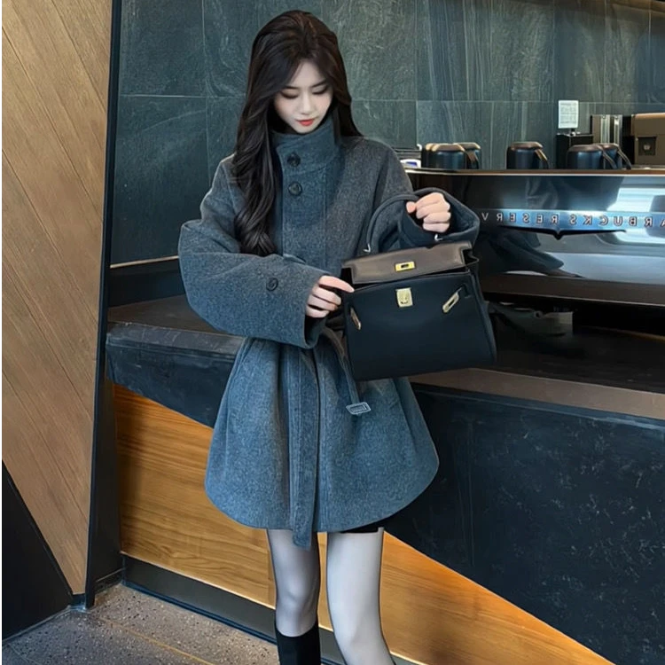 毛呢外套女韩版新款修身显瘦加棉加厚呢子外套黑色中长款黑大衣女