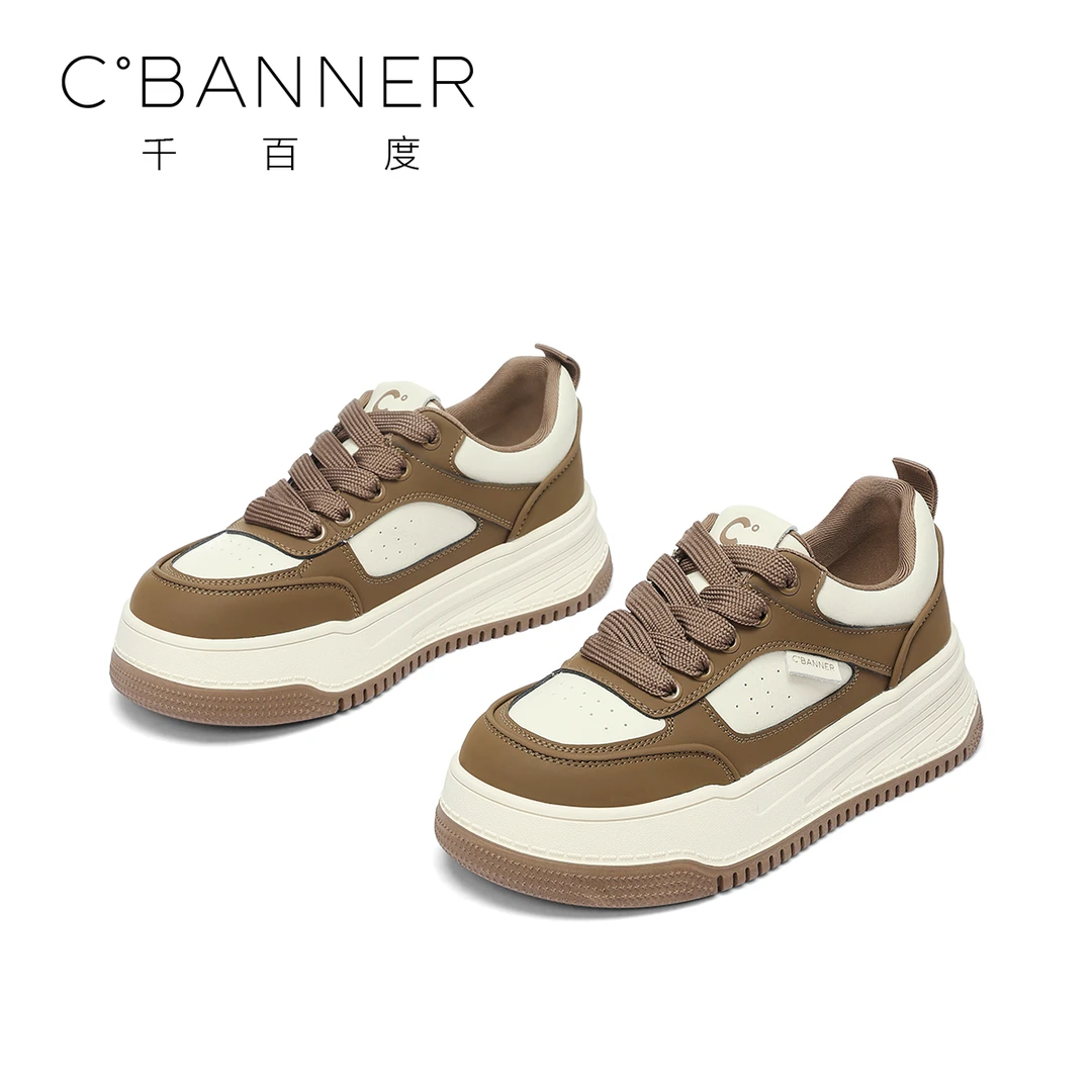 C.BANNER/千百度低帮板鞋女士25年新款百搭厚底拼色时尚休闲鞋