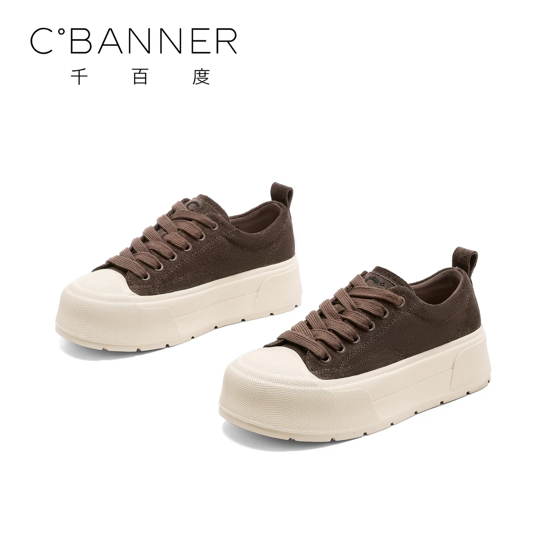 C.BANNER/千百度2025新款时尚厚底休闲鞋真皮雅丹风百搭板鞋运动