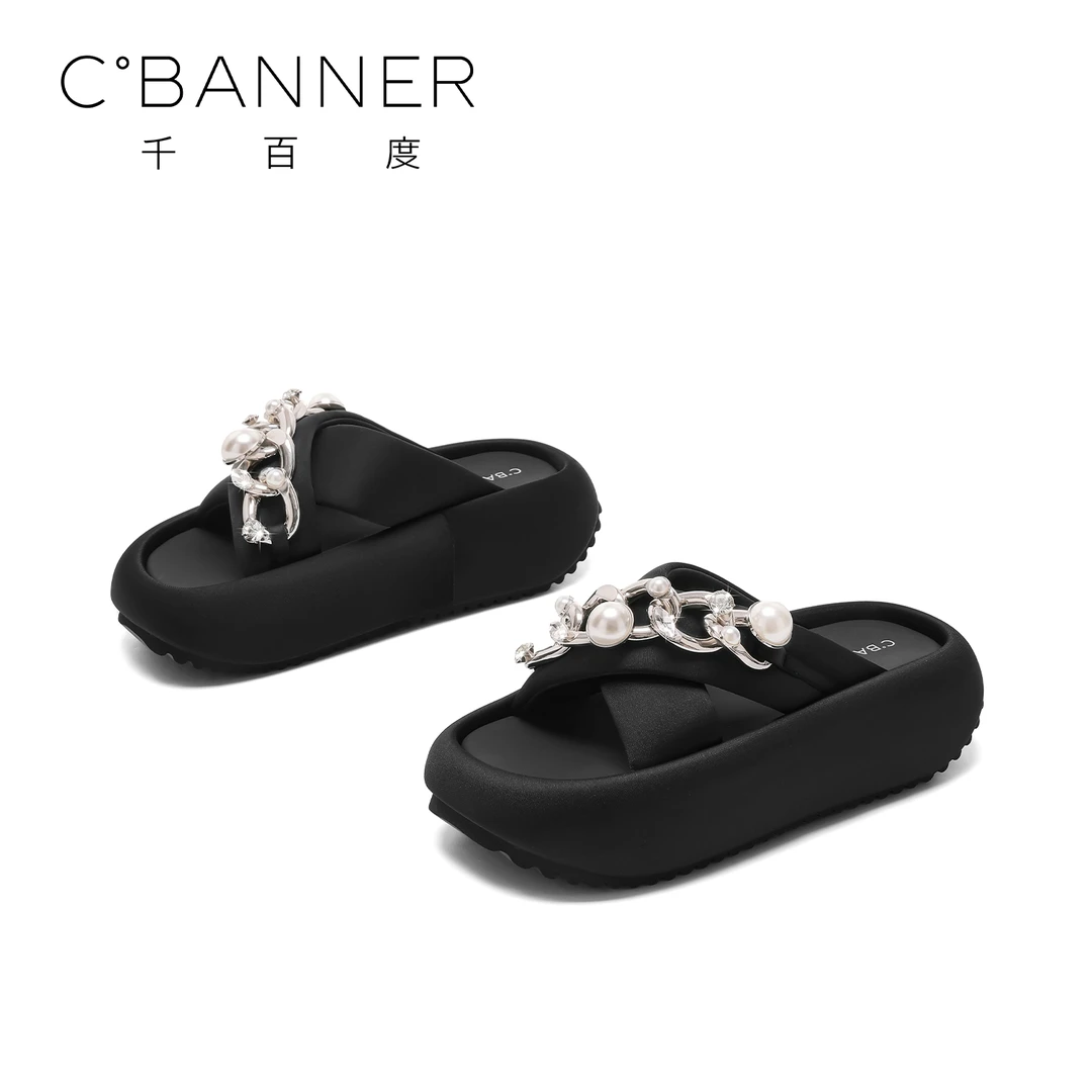 C.BANNER/千百度厚底外穿女士拖鞋2025爆款高档水钻珍珠外穿凉拖