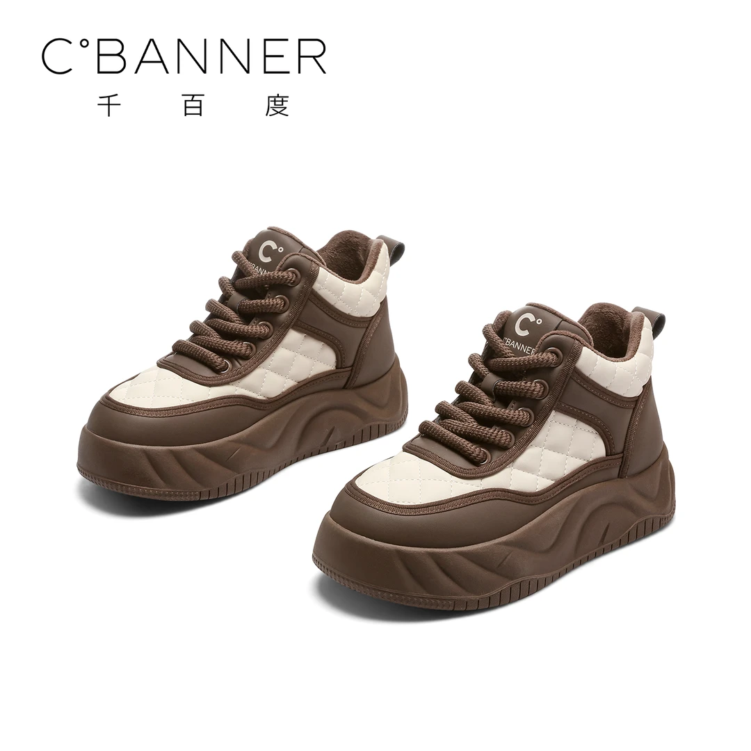 C.BANNER/千百度百搭休闲鞋女士25复古加绒高帮系带秋冬运动鞋