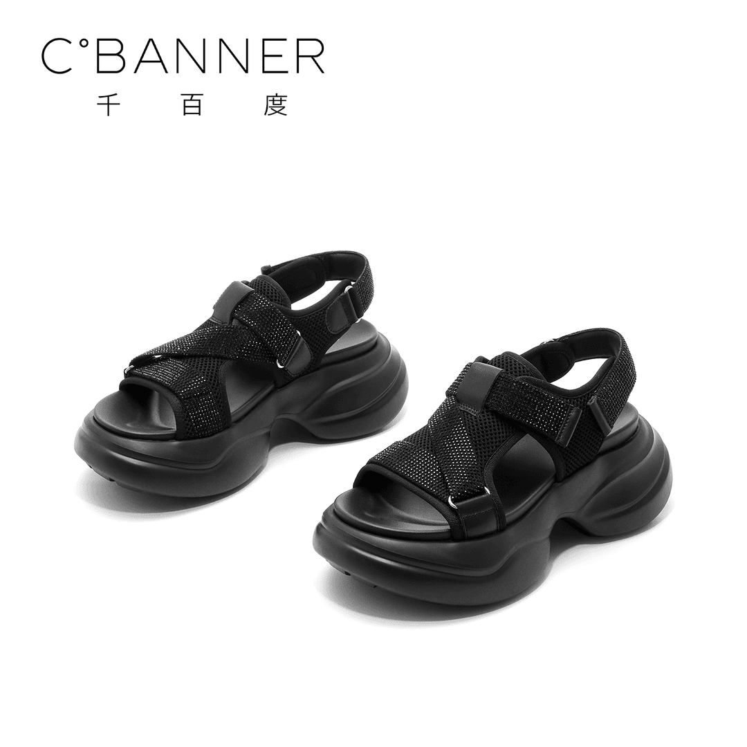 C.BANNER/千百度时尚百搭厚底凉鞋2024夏季魔术贴露趾沙滩鞋