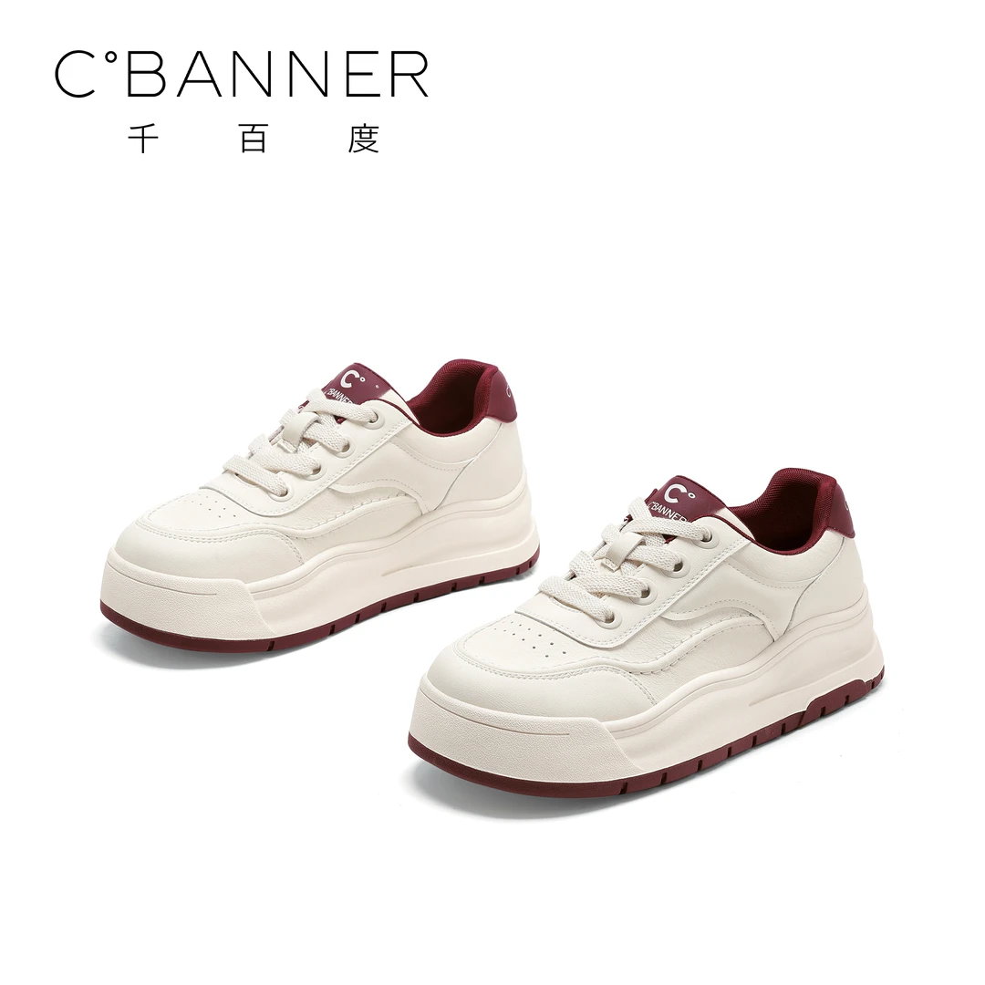 C.BANNER/千百度厚底松糕鞋2025新款拼色休闲鞋圆头系带运动板鞋