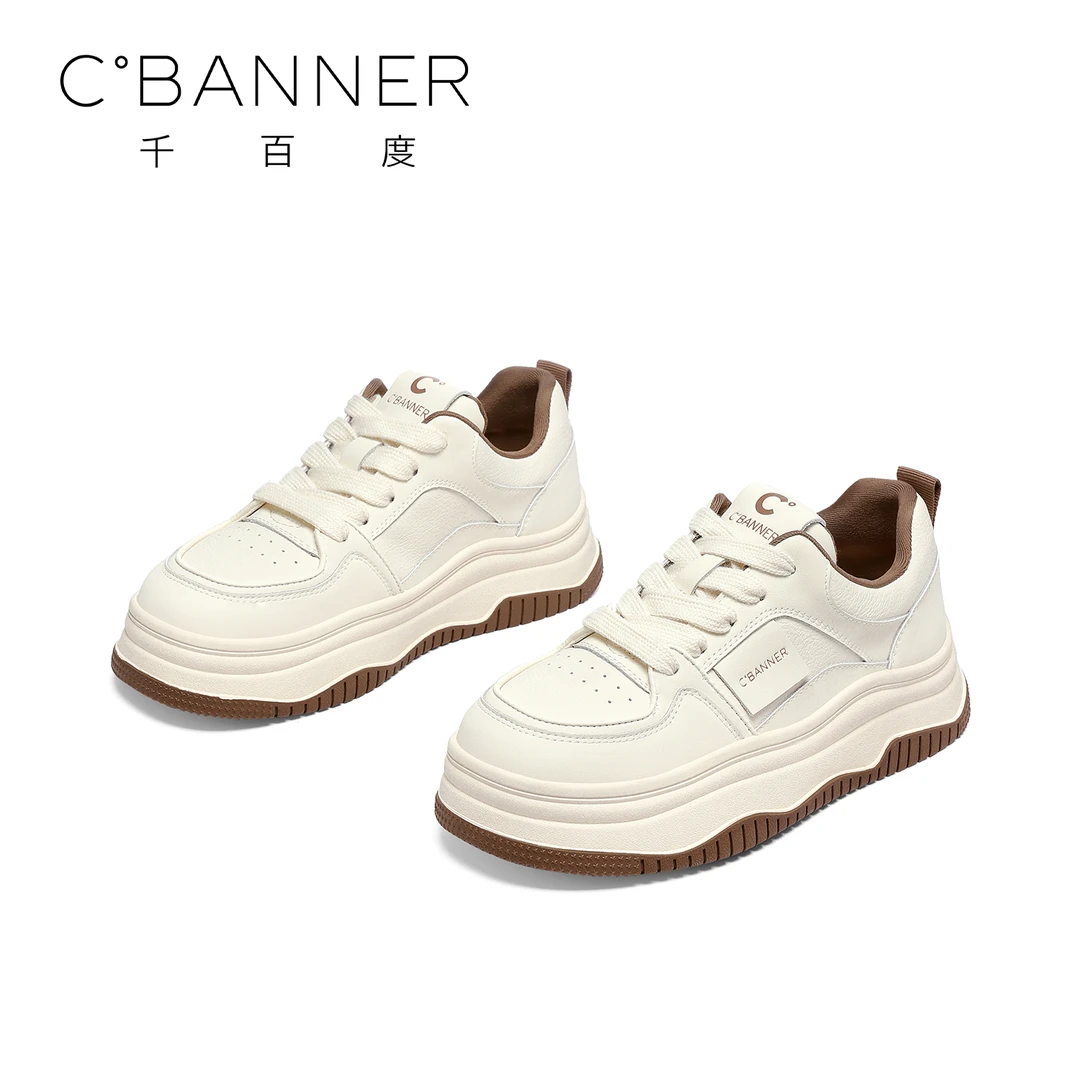 C.BANNER/千百度黑白面包鞋女士2025秋季新款厚底圆头系带板鞋