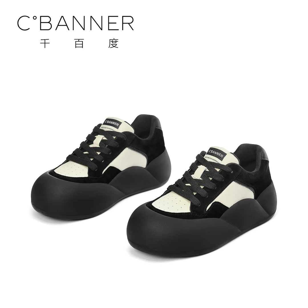 C.BANNER/千百度厚底板鞋女25秋冬新款时尚面包头拼色系带休闲