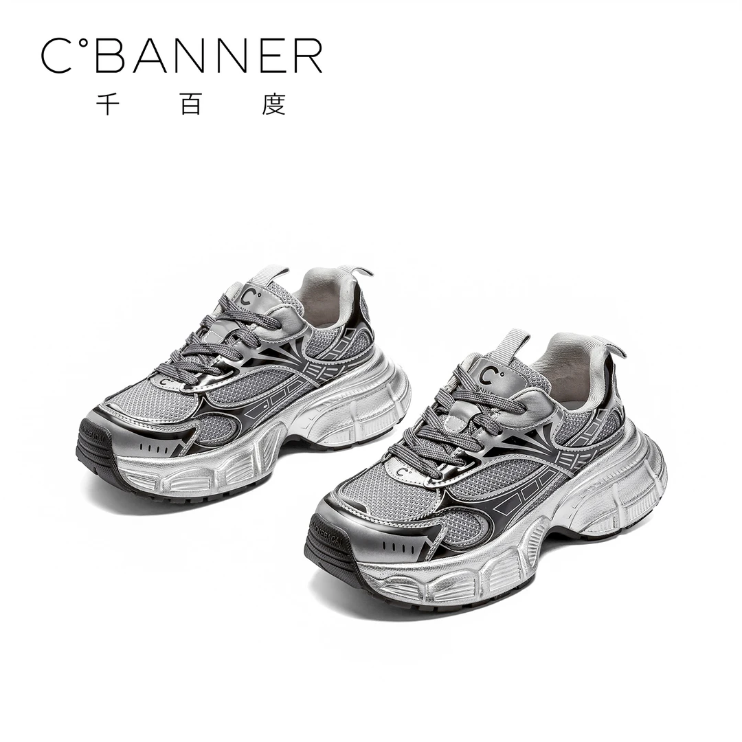 C.BANNER/千百度网面低帮鞋2025新款巴黎老爹鞋做旧复古休闲鞋女