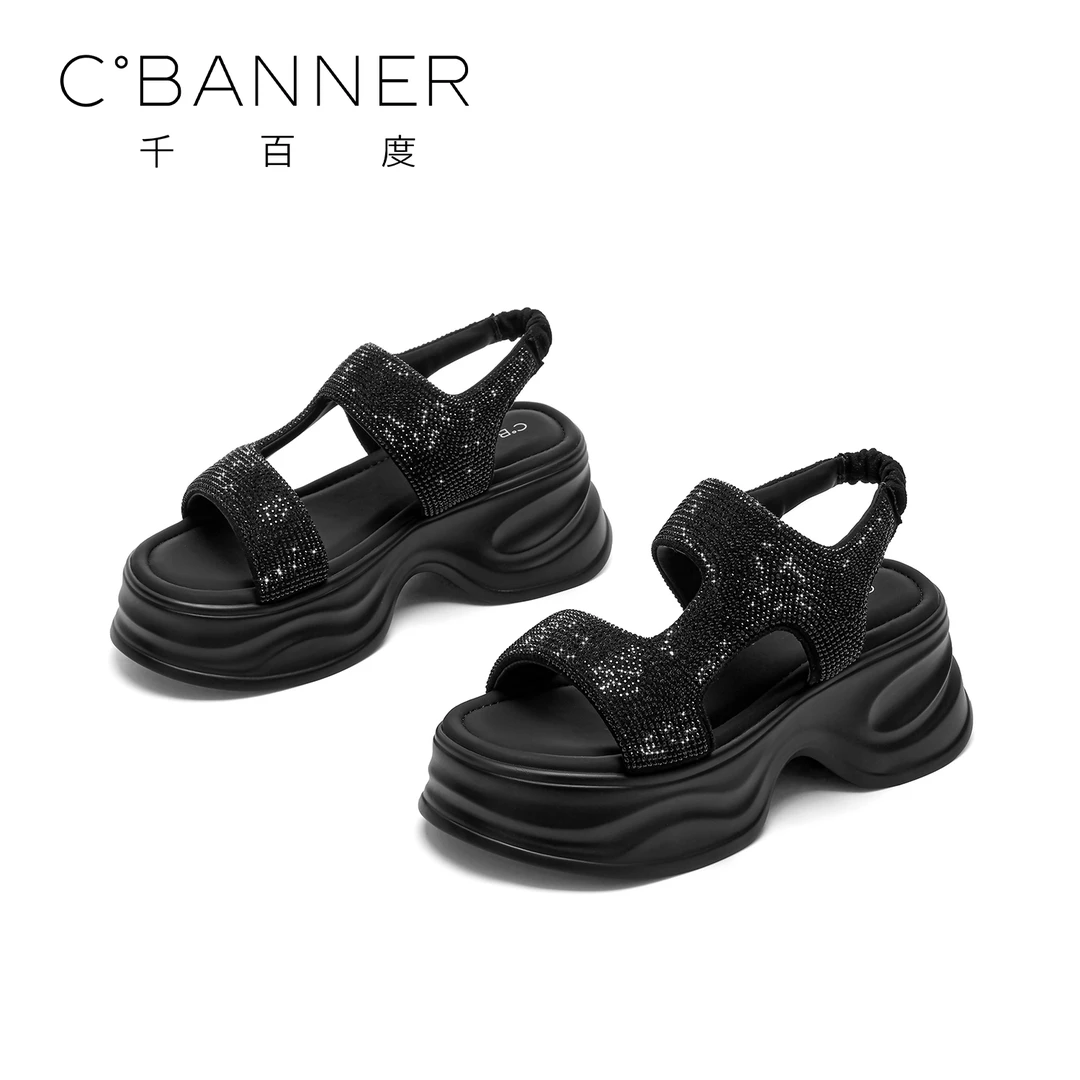 C.BANNER/千百度亮钻休闲厚底凉鞋2025夏季新款增高运动沙滩鞋女