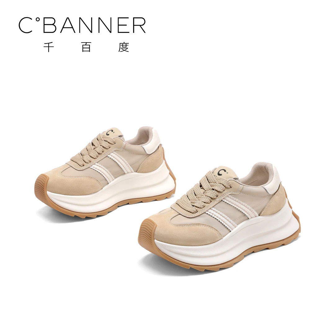 C.BANNER/千百度2025新款厚底华夫阿甘鞋百搭增高运动德训鞋休闲