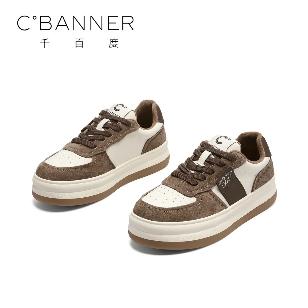 C.BANNER/千百度ins运动鞋25新款时尚百搭拼色圆头系带低帮休闲鞋