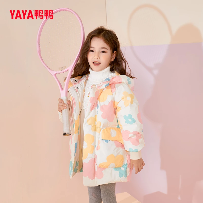 YAYA/鸭鸭YE2B810353M鸭鸭儿童羽绒服女童中长款加厚时尚印花外套