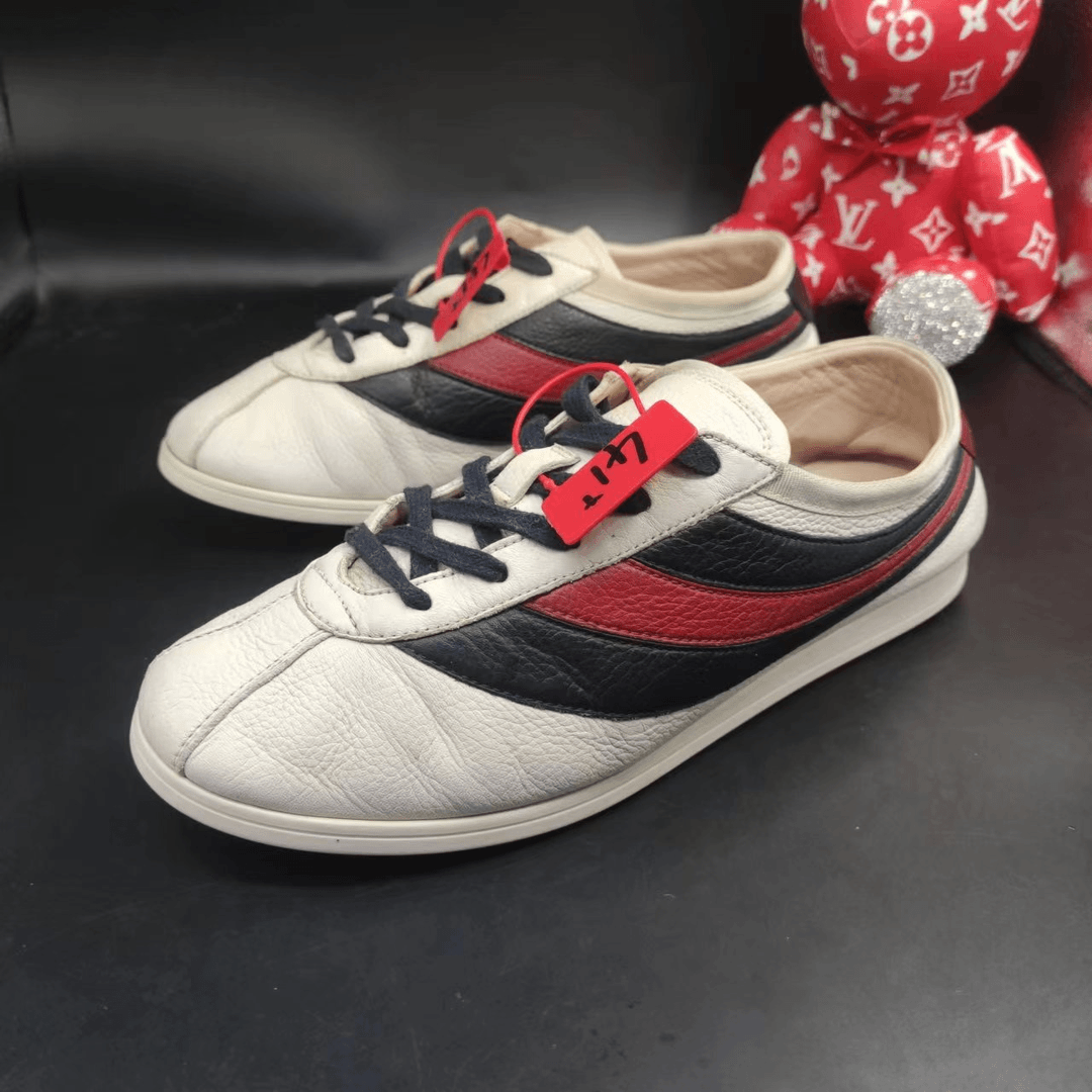 【147特惠】古驰/Gucci 经典白色蓝红条纹时尚百搭休闲阿甘鞋41.5码