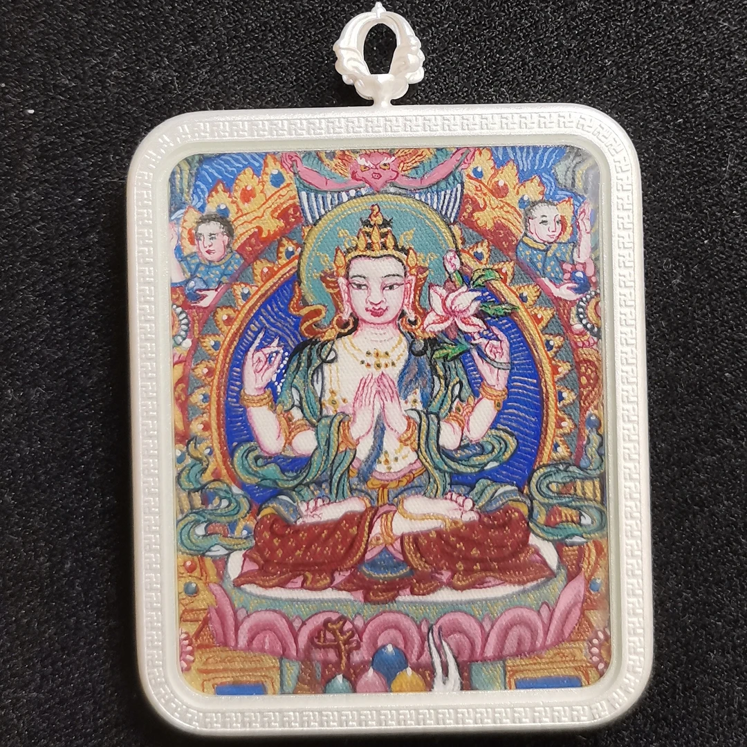 西藏手绘小唐卡四臂观音4x5cm画芯（A） 壳与绳多款可选配
